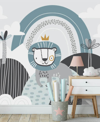 cute lion king wallpaper mural in blue in nursery