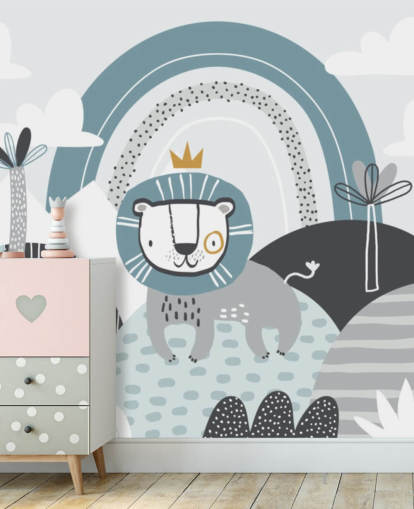 cute lion king wallpaper mural in blue in nursery