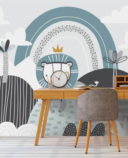 cute lion king wallpaper mural in blue in nursery