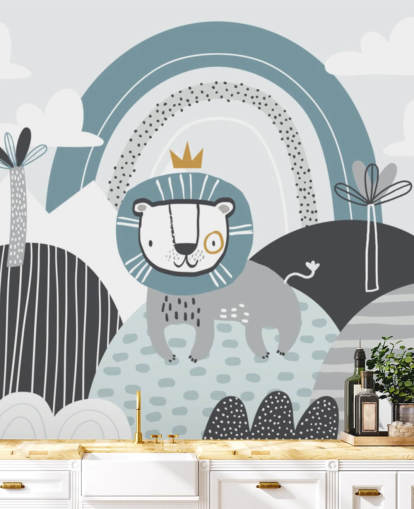 cute lion king wallpaper mural in blue in nursery