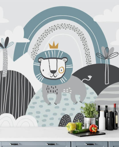 cute lion king wallpaper mural in blue in nursery