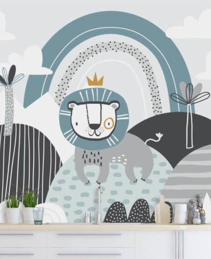 cute lion king wallpaper mural in blue in nursery