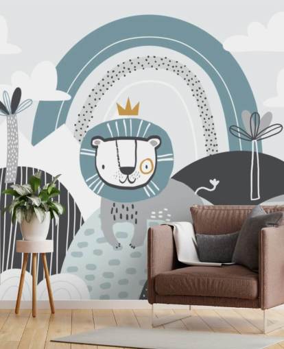 cute lion king wallpaper mural in blue in nursery