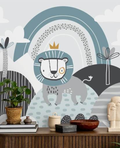 cute lion king wallpaper mural in blue in nursery