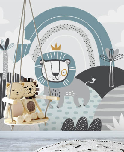 lindo mural de papel de parede do rei leão em azul no berçário