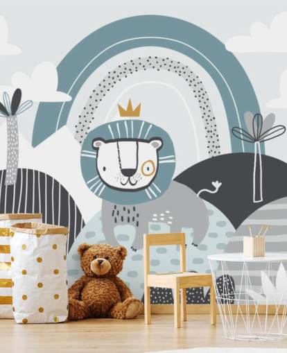 cute lion king wallpaper mural in blue in nursery