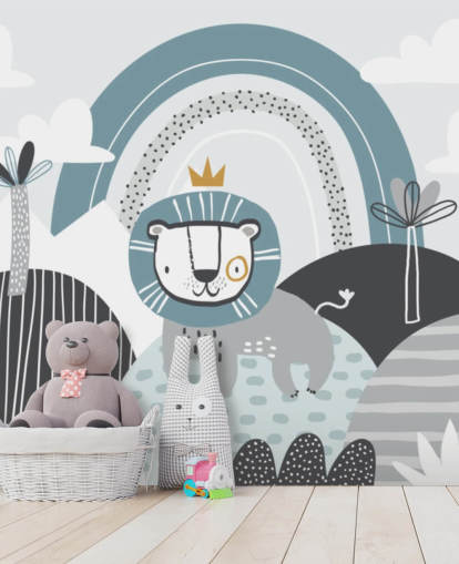 lindo mural de papel de parede do rei leão em azul no berçário