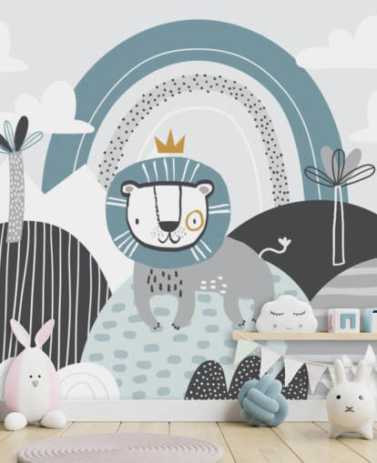 lindo mural de papel de parede do rei leão em azul no berçário