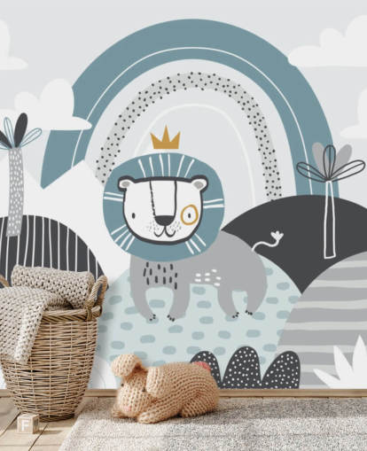 lindo mural de papel de parede do rei leão em azul no berçário