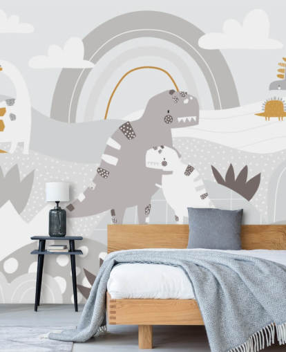 söta dinosaurier på ett berg med en regnbåge tapet väggmålning