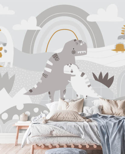 søte dinosaurer på et fjell med en regnbue tapet veggmaleri