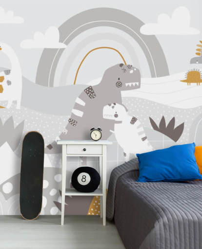 lindo mural de pared de dinosaurios en una montaña con un arcoíris