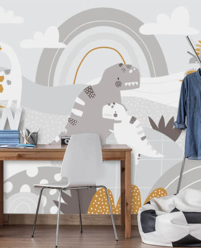 dinossauros fofos em uma montanha com um mural de parede de papel de parede de arco-íris