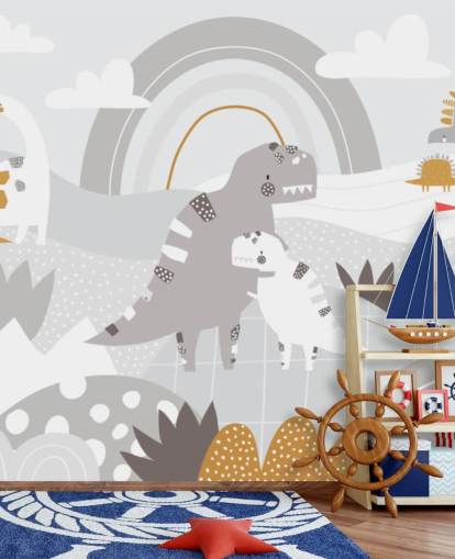 söpöjä dinosauruksia vuorella sateenkaaren taustakuvalla