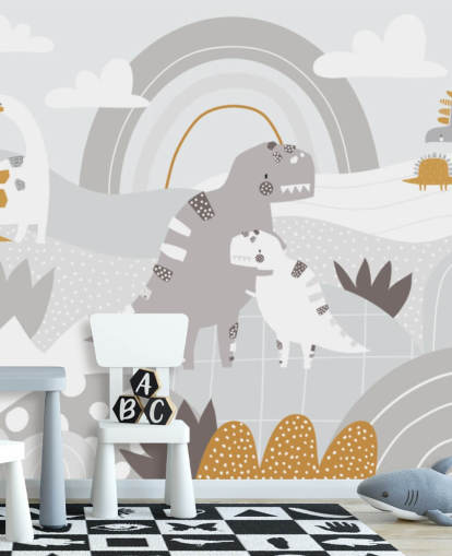 dinossauros fofos em uma montanha com um mural de parede de papel de parede de arco-íris dinossauros fofos em uma montanha com um mural de parede de papel de parede de arco-íris