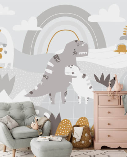 Adesivo da parete simpatici dinosauri su una montagna con un arcobaleno