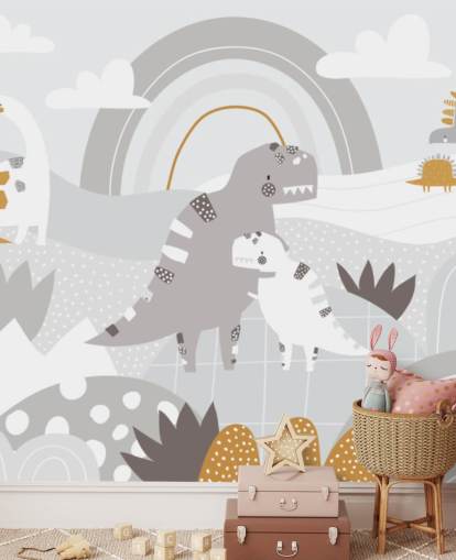 lindo mural de pared de dinosaurios en una montaña con un arcoíris