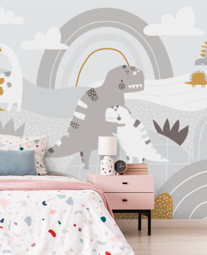 cute dinosaurs on a mountain with a rainbow wallpaper wall mural