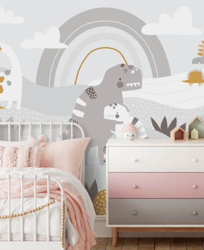 cute dinosaurs on a mountain with a rainbow wallpaper wall mural