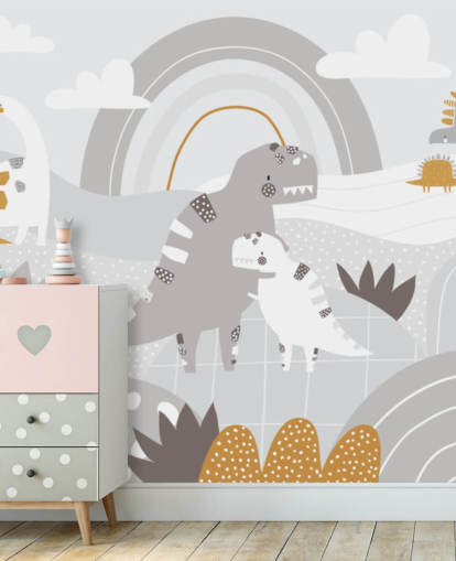 Adesivo da parete simpatici dinosauri su una montagna con un arcobaleno