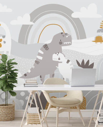 cute dinosaurs on a mountain with a rainbow wallpaper wall mural