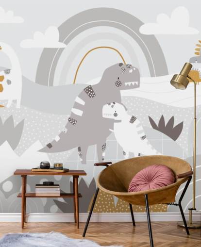 lindo mural de pared de dinosaurios en una montaña con un arcoíris