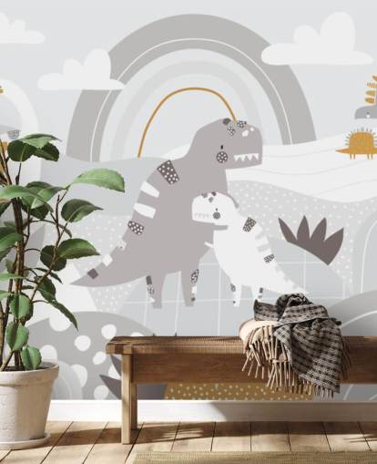lindo mural de pared de dinosaurios en una montaña con un arcoíris