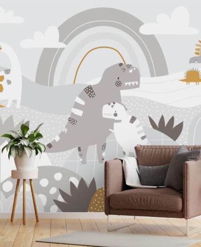 cute dinosaurs on a mountain with a rainbow wallpaper wall mural