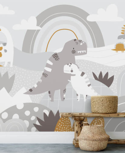 lindo mural de pared de dinosaurios en una montaña con un arcoíris