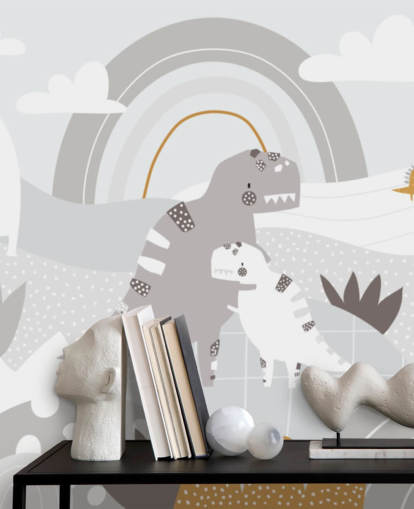 cute dinosaurs on a mountain with a rainbow wallpaper wall mural