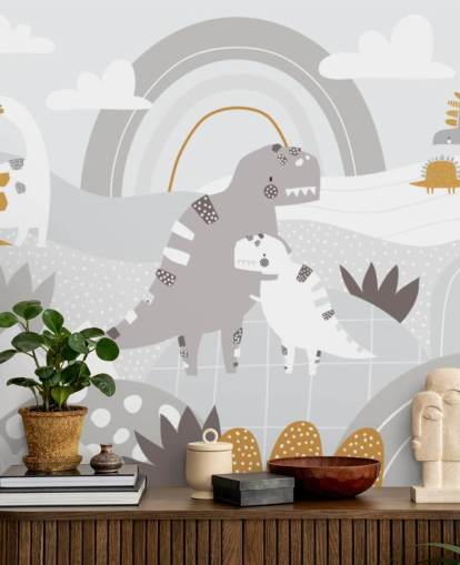 cute dinosaurs on a mountain with a rainbow wallpaper wall mural