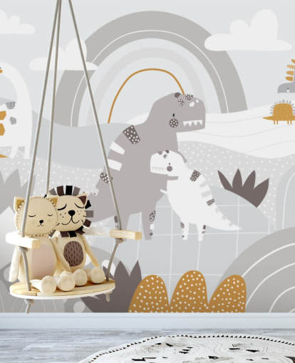 dinossauros fofos em uma montanha com um mural de parede de papel de parede de arco-íris dinossauros fofos em uma montanha com um mural de parede de papel de parede de arco-íris