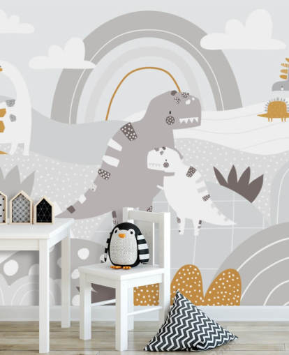 dinossauros fofos em uma montanha com um mural de parede de papel de parede de arco-íris