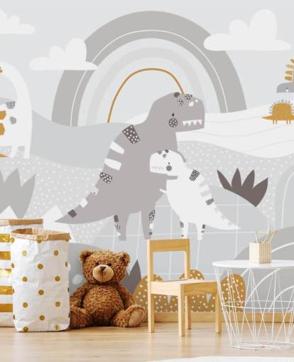 dinossauros fofos em uma montanha com um mural de parede de papel de parede de arco-íris dinossauros fofos em uma montanha com um mural de parede de papel de parede de arco-íris