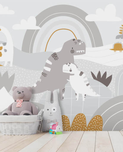 dinossauros fofos em uma montanha com um mural de parede de papel de parede de arco-íris dinossauros fofos em uma montanha com um mural de parede de papel de parede de arco-íris