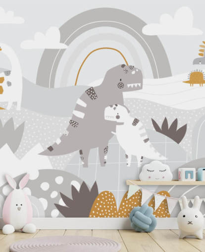 cute dinosaurs on a mountain with a rainbow wallpaper wall mural