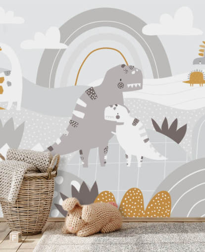 lindo mural de pared de dinosaurios en una montaña con un arcoíris