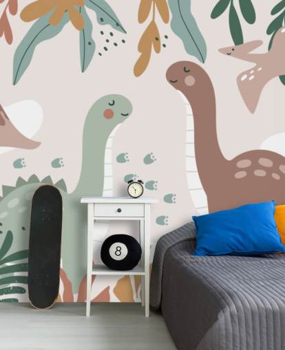 Cute Dinosaurs in the Tropics Behangmuurschildering voor de kinderkamer