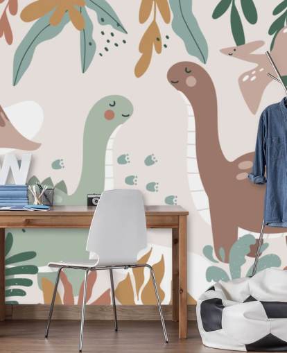 Tapeten-Wandbild „Süße Dinosaurier in den Tropen“ für Kinderzimmer Tapeten-Wandbild „Süße Dinosaurier in den Tropen“ für Kinderzimmer