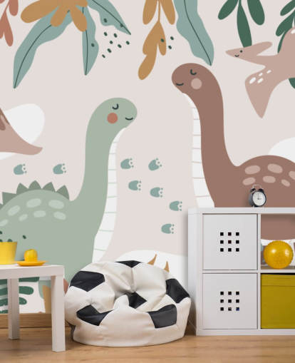 Tapeten-Wandbild „Süße Dinosaurier in den Tropen“ für Kinderzimmer