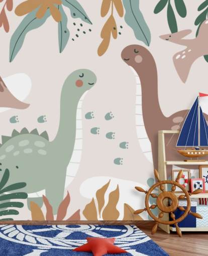 Söta dinosaurier i tropikerna Tapetväggmålning för barnens sovrum Söta dinosaurier i tropikerna Tapetväggmålning för barnens sovrum