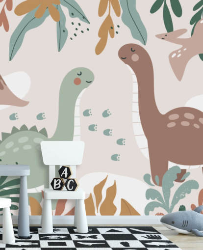 Tapeten-Wandbild „Süße Dinosaurier in den Tropen“ für Kinderzimmer Tapeten-Wandbild „Süße Dinosaurier in den Tropen“ für Kinderzimmer