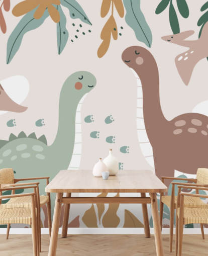 Mural de papel pintado con lindos dinosaurios en los trópicos para dormitorio infantil