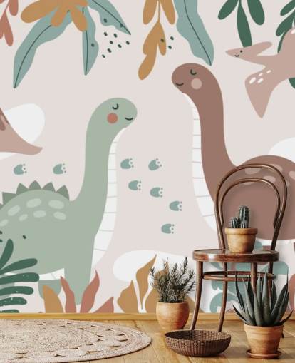 Mural de papel de parede Cute Dinosaurs in the Tropics para quarto de crianças Mural de papel de parede Cute Dinosaurs in the Tropics para quarto de crianças