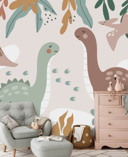 Cute Dinosaurs in the Tropics Behangmuurschildering voor de kinderkamer