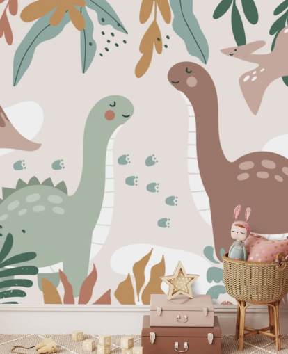 Cute Dinosaurs in the Tropics Behangmuurschildering voor de kinderkamer Cute Dinosaurs in the Tropics Behangmuurschildering voor de kinderkamer