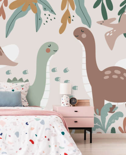 Mural de papel pintado con lindos dinosaurios en los trópicos para dormitorio infantil