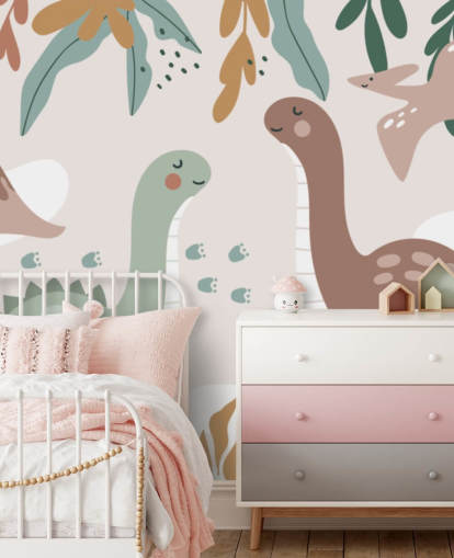 Mural de papel pintado con lindos dinosaurios en los trópicos para dormitorio infantil