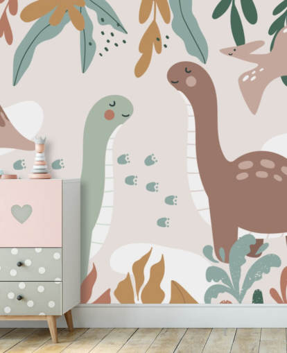 Mural de papel de parede Cute Dinosaurs in the Tropics para quarto de crianças Mural de papel de parede Cute Dinosaurs in the Tropics para quarto de crianças