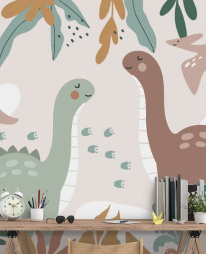 Carta da parati murale con simpatici dinosauri ai tropici per la cameretta dei bambini Carta da parati murale con simpatici dinosauri ai tropici per la cameretta dei bambini